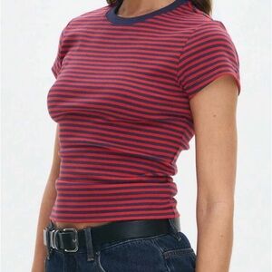 Striped Crewneck Crop Tee - Red & Navy